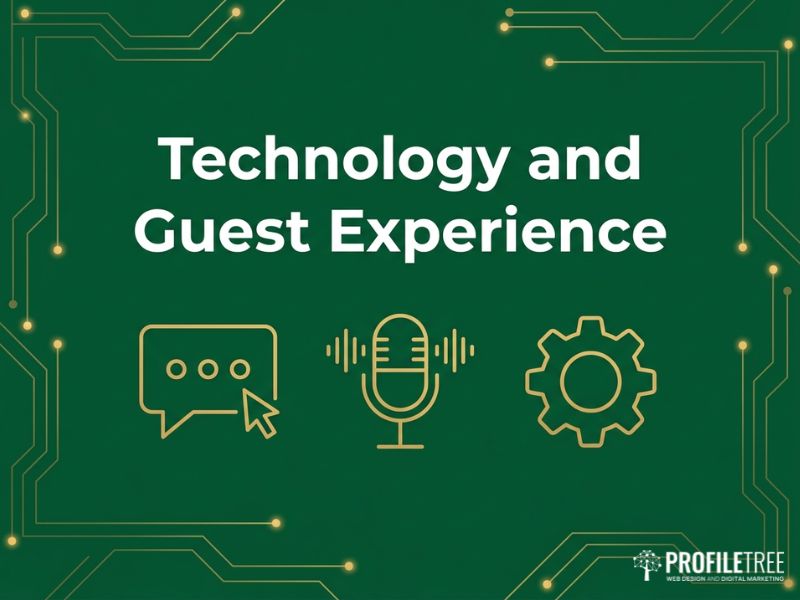 Dark green vector illustration on technology and guest experience supporting Direct Bookings with gold chatbot and gear icons