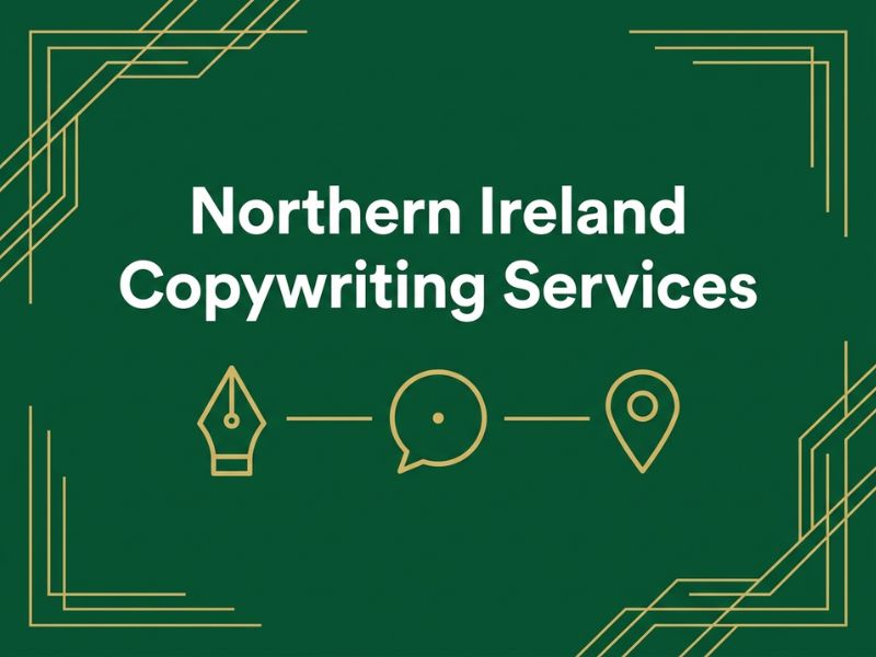 Northern Ireland Copywriting Services hero graphic with pen, speech bubble and map pin icons on a dark green background