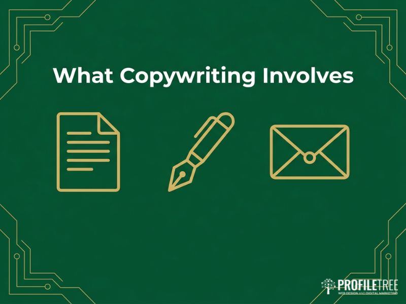 Document, pen and envelope icons illustrating what Northern Ireland Copywriting Services involve, dark green and gold vector graphic