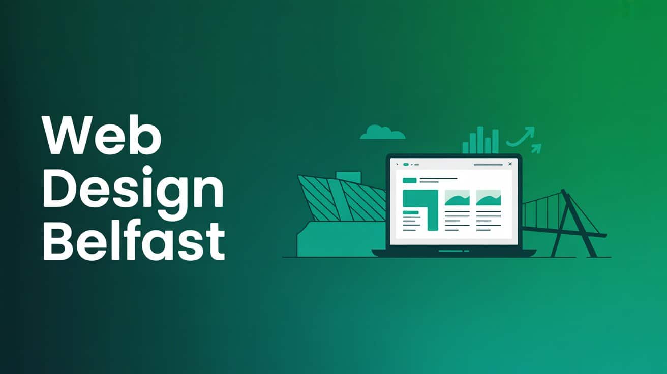Web Design Belfast text next to a laptop displaying a website mock-up, with Belfast city landmarks and digital graphics in the background, highlighting the creativity of a leading web design agency on a green gradient.