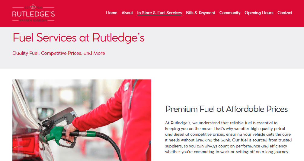 A person fills a red vehicle with petrol at a petrol station. The Rutledges logo and menu are at the top, reflecting modern Website Design For A Petrol Station And Supermarket. The text promotes reliable, high-quality petrol at affordable prices for customers.