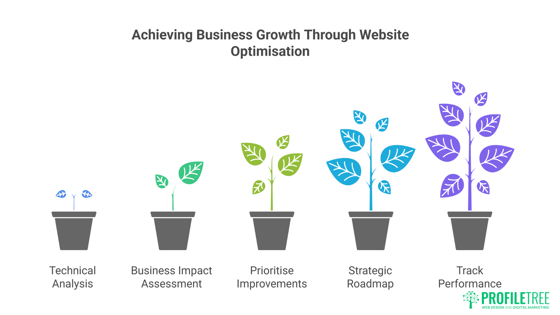 A graphic shows five potted plants at different growth stages, labeled left to right: Website Audit, SEO, Business Impact Assessment, Prioritise Improvements, Strategic Roadmap, symbolizing steps to achieve business growth and enhance user experience.