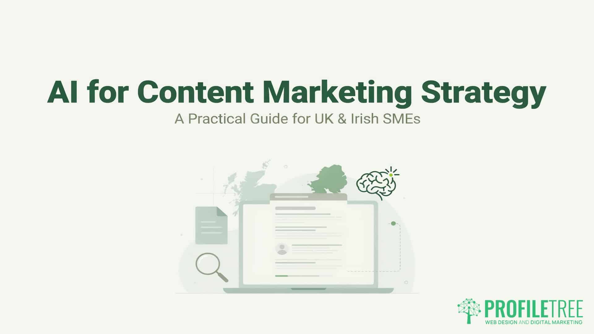 AI for Content Marketing Strategy, A Guide for UK & Irish SMEs. Presentation slide titled AI for Content Marketing Strategy with the subtitle A Practical Guide for UK & Irish SMEs, featuring a laptop illustration with marketing and SEO icons and the ProfileTree logo.