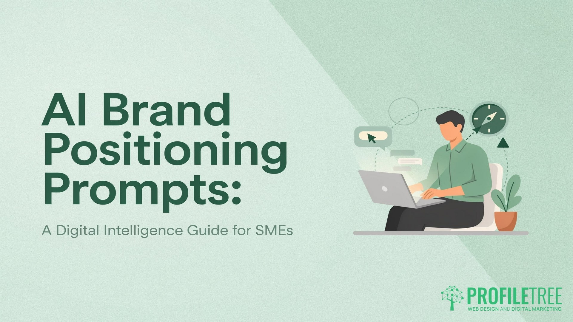 AI Prompts for Brand Strategy, A Digital Intelligence Guide. A person sits with a laptop, surrounded by chat icons, symbolising dynamic AI Prompt interactions. Large text reads AI Brand Positioning Prompts: A Digital Intelligence Guide for SMEs, highlighting the power of brand position strategies for small and medium enterprises. The ProfileTree logo is at the bottom right, and the design uses green tones.