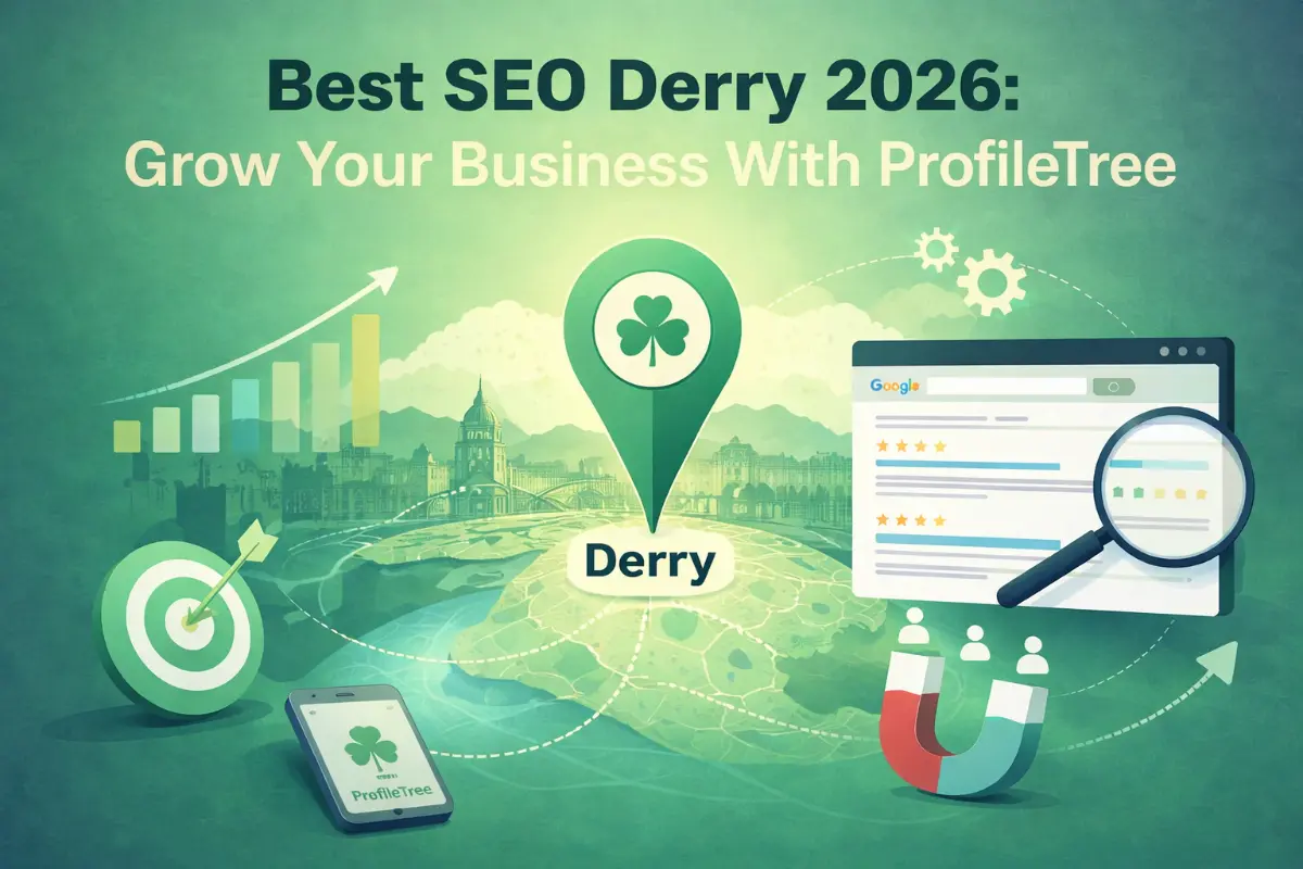 A digital illustration promoting Best SEO Derry 2026: Grow Your Business With ProfileTree, featuring SEO in Derry icons—graphs, reviews, a magnet, a magnifying glass—and a cityscape background with a map pin on Derry.