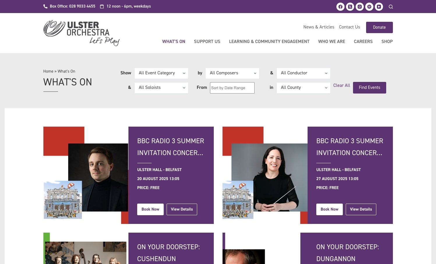 Screenshot of the Ulster Orchestra Whats On webpage, showcasing sleek web design with a filter menu and multiple event listings—complete with images, titles, dates, and easy options to book tickets or view details.