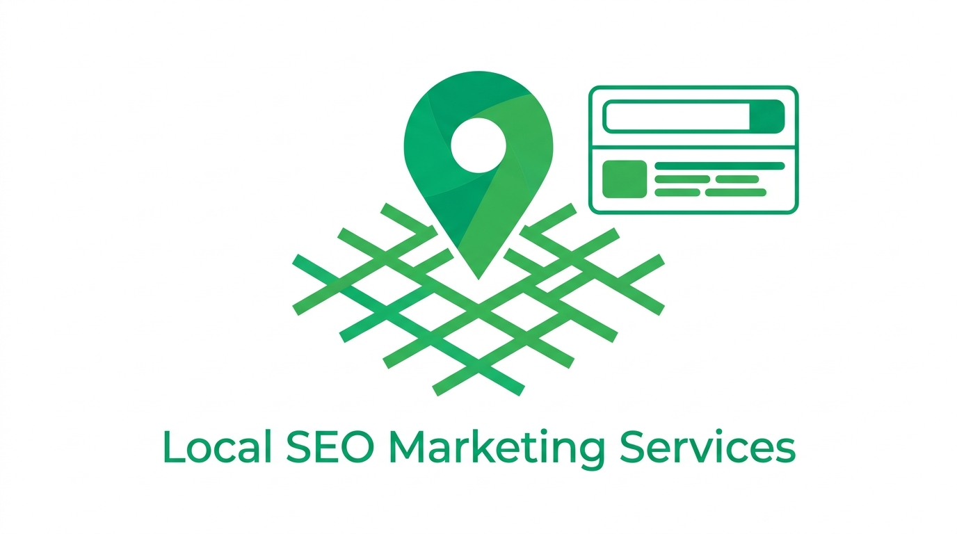 Green map pin over a grid next to a web search result icon, with the text Local SEO Marketing Services below. The minimal design uses shades of green to highlight the importance of local search and effective Local SEO for your business.