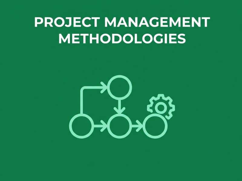 Vector graphic illustrating project management methodologies with an AI-enhanced process flowchart icon