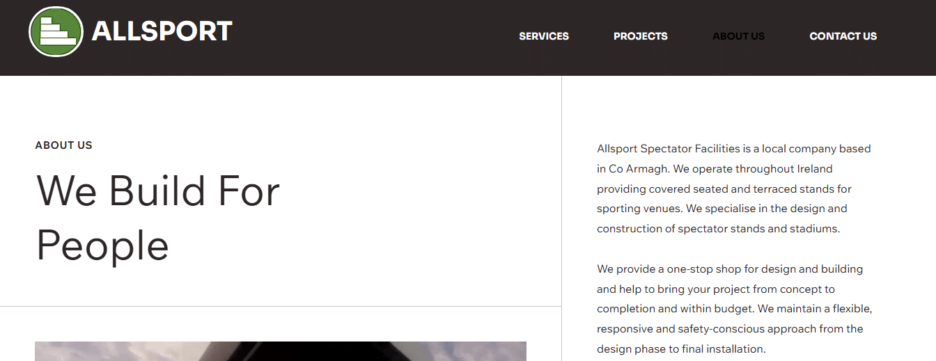 Allsport Ltd stadium construction website redesign by ProfileTree, Northern Ireland