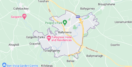 Map showing the town of Ballymena in Northern Ireland, with its boundaries outlined and nearby locations labelled. Major roads, parks, and key areas for Digital Marketing Ballymena are also marked.