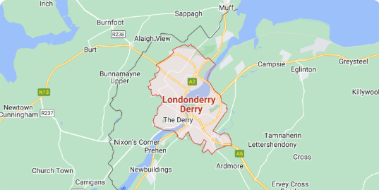 Map showing Londonderry/Derry and surrounding areas in Northern Ireland, with nearby towns and roads labelled—ideal for businesses interested in Digital Marketing Derry, including Buncrana, Burt, Campsie, Greysteel, and Newtown Cunningham.