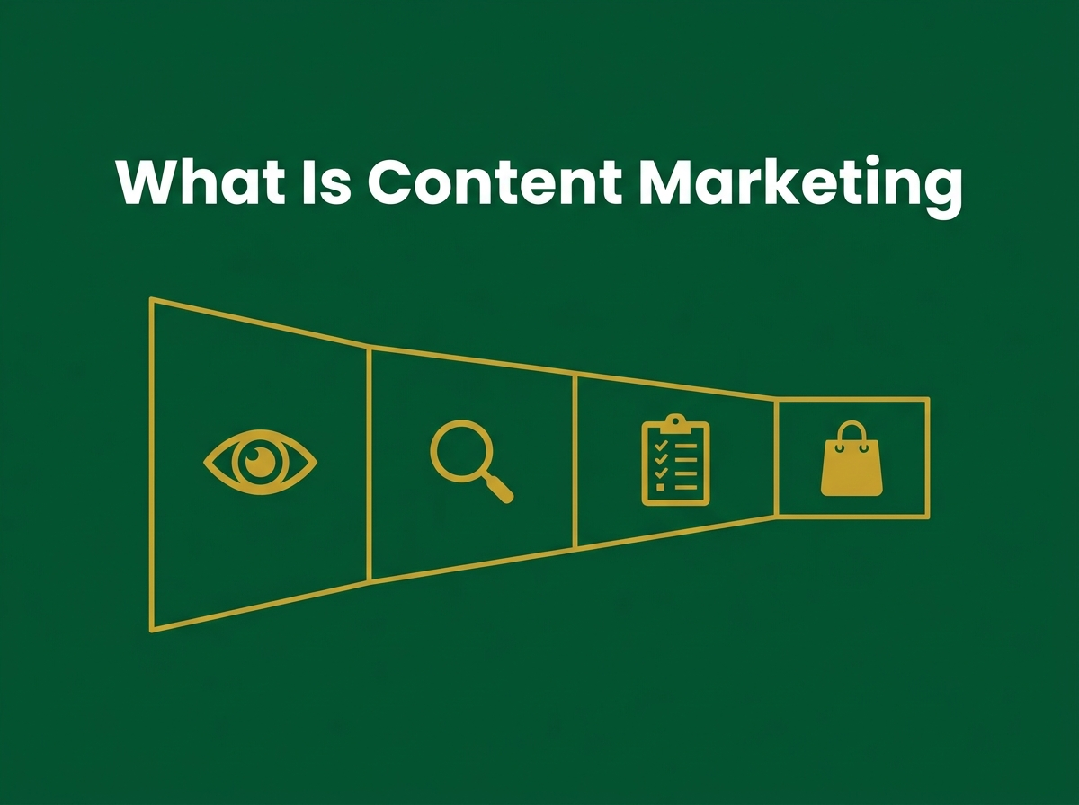 Flat vector illustration, 16:9. Dark green background hex #025430. White bold sans-serif title centered reading 'What Is Content Marketing'. Below the title, a thin gold horizontal funnel of four connected stages drawn in hex #C9A227, with small icons for awareness (eye), research (magnifier), consideration (checklist) and purchase (shopping bag). Minimal, evenly spaced, no people, no faces, no logos.