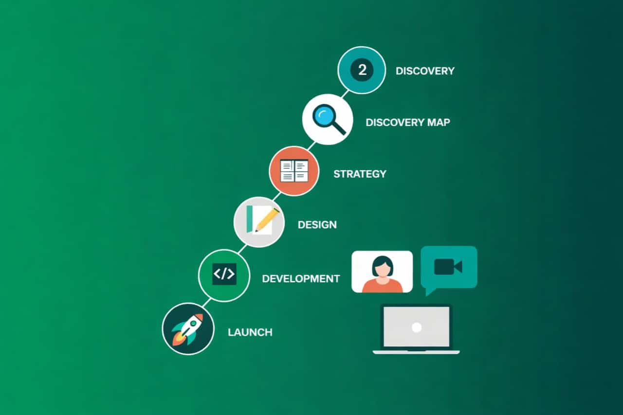An infographic on a green background illustrates five steps in web design—Discovery, Discovery Map, Strategy, Design, Development, and Launch—each marked by icons and connected upwards to video call and laptop icons. Perfect for web design Derry projects.