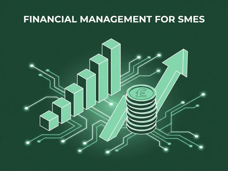 Financial management for SMEs illustrated with isometric growth chart and investment icons on dark green background
