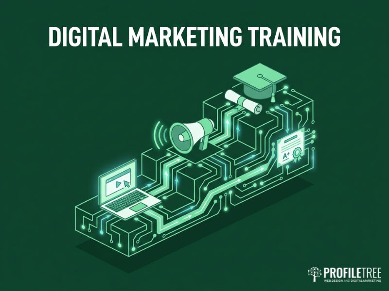 Impact of Digital Marketing Training illustration showing growth and connected digital marketing skills