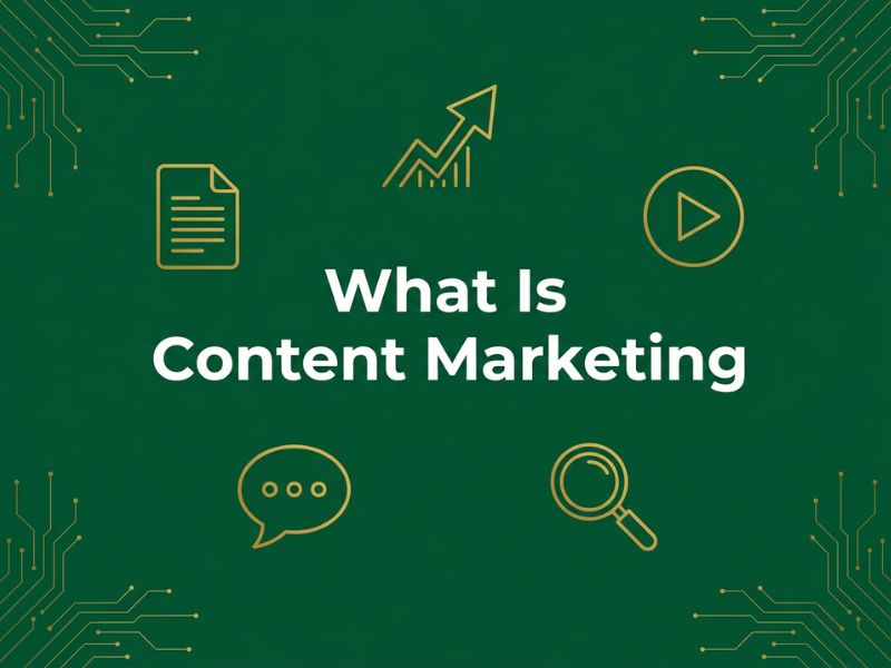 What Is Content Marketing vector hero graphic with content, video and search icons on a dark green background