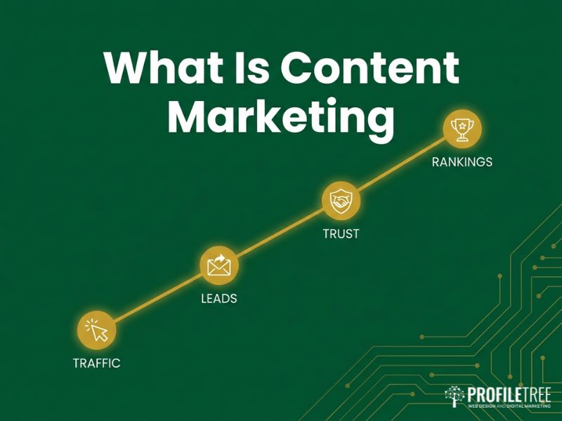What Is Content Marketing benefits chart showing rising traffic, leads and rankings in gold vector line art