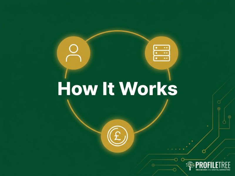 Diagram explaining how online advertising works through the auction and targeting loop, dark green vector style.