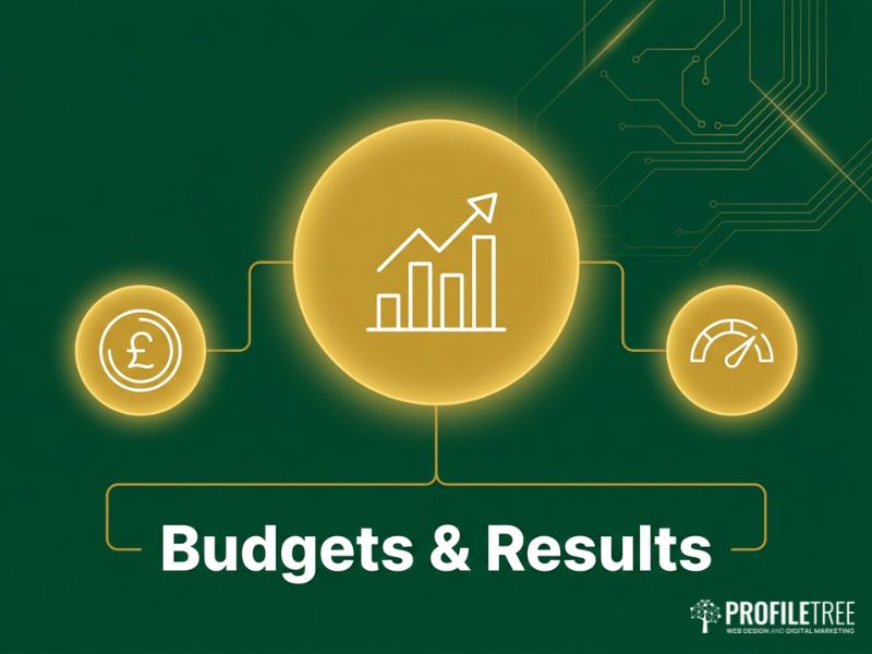Measuring online advertising budgets and results, illustrated with chart and cost icons in flat vector style.