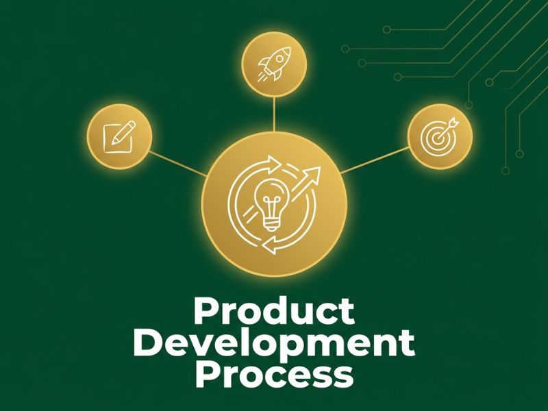 Product Development Process hero illustration showing a circular lifecycle loop linked to idea, launch and target icons in gold on dark green