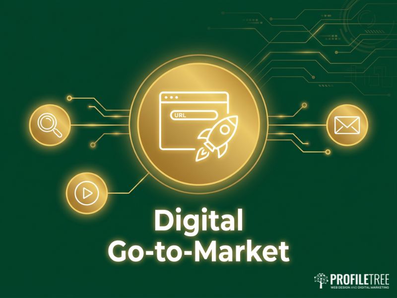 Digital go-to-market illustration for the Product Development Process with website, search, video and email icons in gold on dark green
