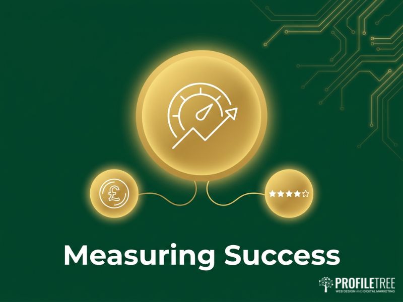Measuring success in the Product Development Process with dashboard gauge, pound coin and rating icons in gold on dark green
