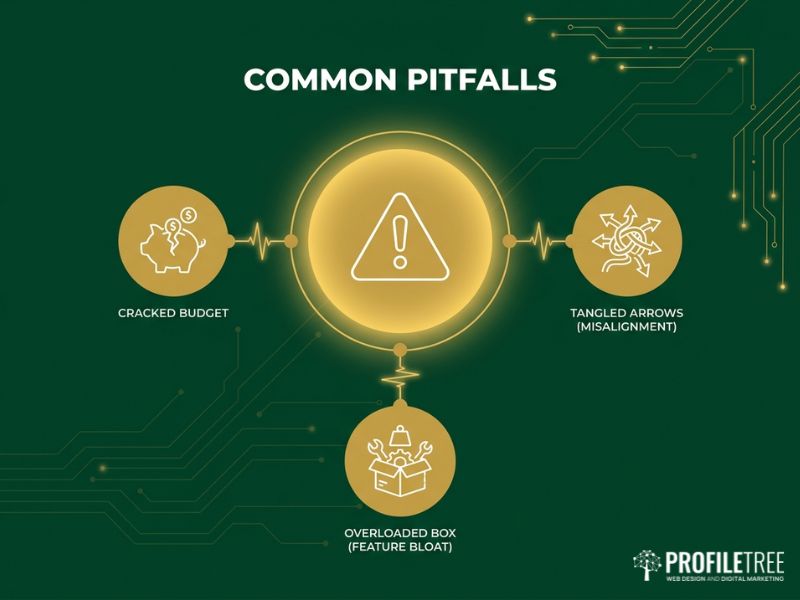 Common pitfalls in the Product Development Process illustrated with warning, budget and overload icons in gold on dark green