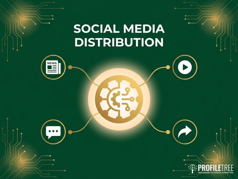 Dark green and gold vector hero graphic titled Social Media Distribution showing a central hub linked to platform icons.