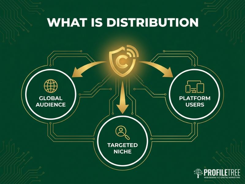 Vector diagram defining Social Media Distribution with content fanning out to audience segments in gold and white.