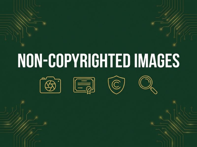 Vector banner reading Non-Copyrighted Images with gold camera, licence and shield icons on dark green