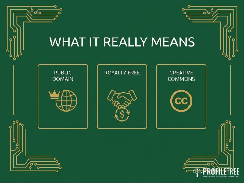 Diagram explaining what Non-Copyrighted Images mean, with three gold licence-type cards on dark green