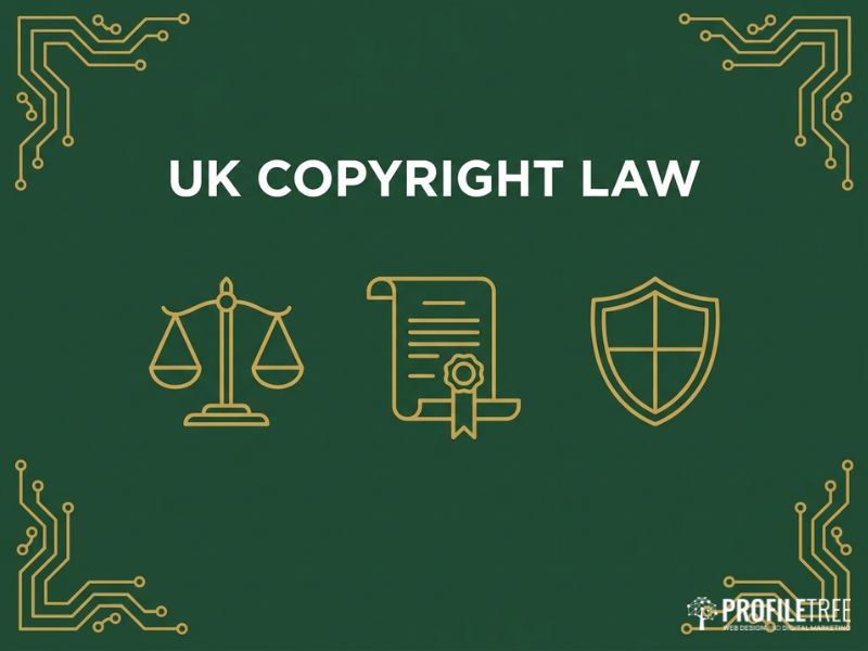 UK copyright law graphic for Non-Copyrighted Images, with gold scales and document icons on dark green