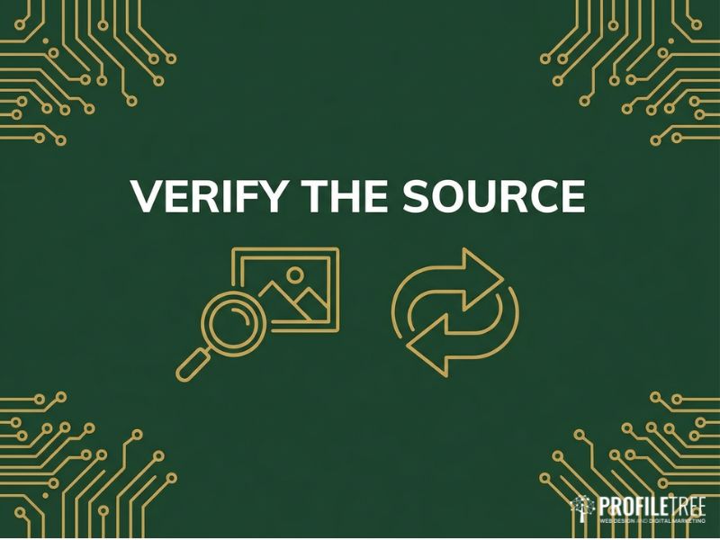 Reverse image search graphic for verifying Non-Copyrighted Images, gold magnifier icon on dark green