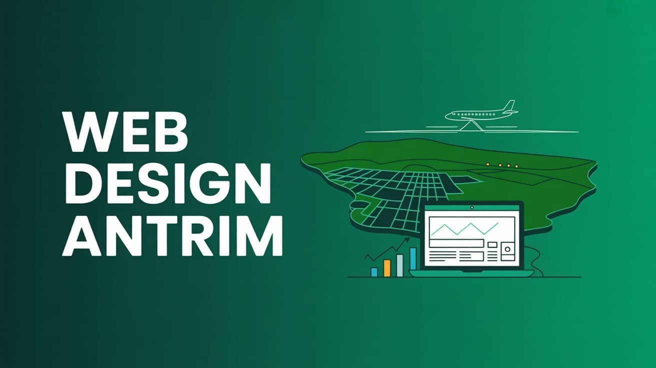 White text reads Web Design Antrim on a green gradient background, featuring an illustrated map, an aeroplane taking off, and a laptop showcasing web design analytics and graphs.