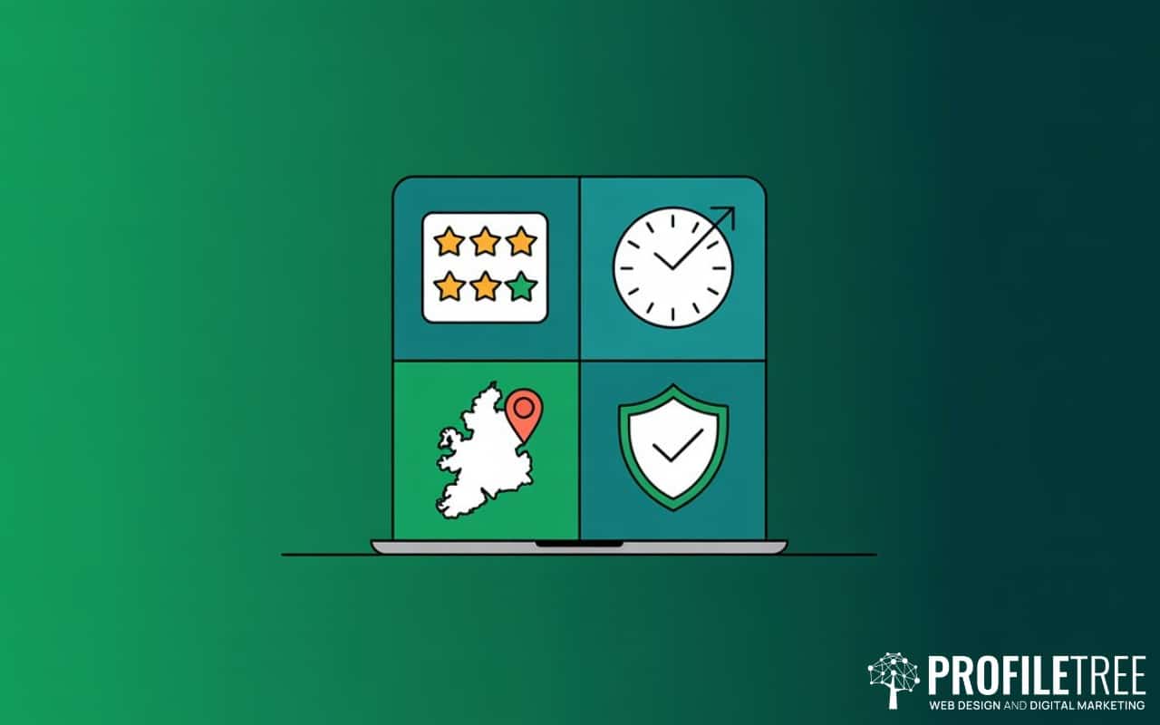 Illustration of a laptop screen divided into four sections showing review stars, a clock, a map of Ireland with a location pin, and a shield. PROFILETREE Web Design Antrim and digital marketing logo is in the bottom right-hand corner.