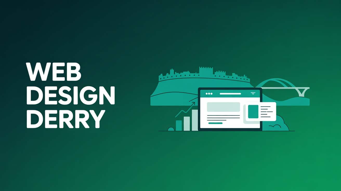 The words Web Design Derry appear in bold white letters on a green gradient background, complemented by stylised icons representing Website Redesign, charts, a bridge, and an historic building.