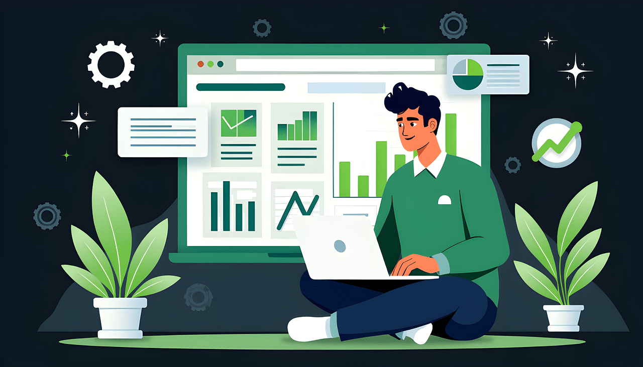 A man sits cross-legged with a laptop, surrounded by potted plants, in front of a large screen displaying charts and graphs, representing data analysis or business analytics for guest posting strategies.