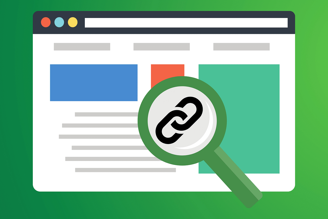 Illustration of a web browser window with colored content blocks and text lines, overlaid by a large green magnifying glass revealing a black chain link icon, symbolizing link analysis or guest posting for SEO.
