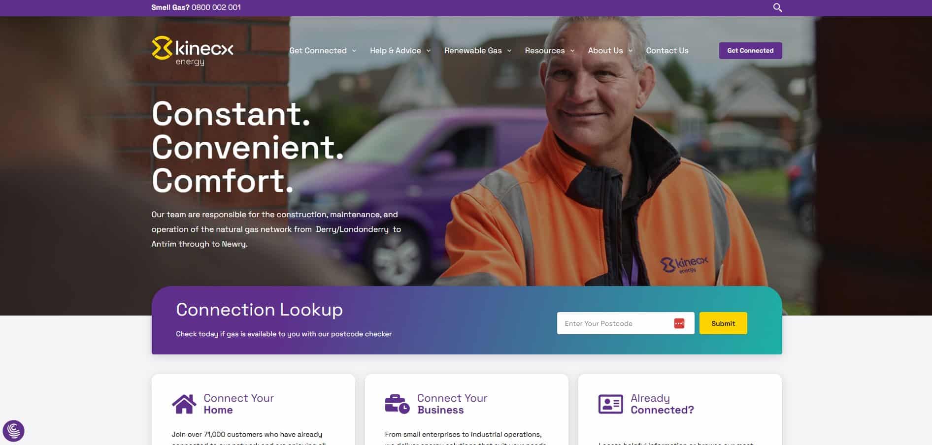 A man in a high-visibility jacket stands and smiles in front of a purple van. The Energy Sector Website Design showcases the Kineex Energy logo, navigation menu, service tagline, and postcode lookup tool for connection availability. Energy Sector Website Design Case Study: Kinecx Energy Digital Platform by ProfileTree
