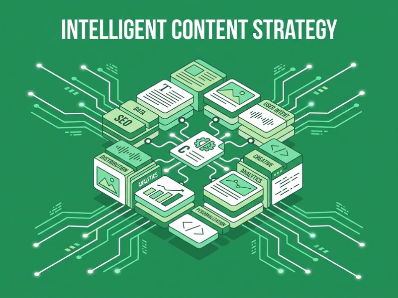 Intelligent content strategy hero graphic showing connected content blocks in isometric style