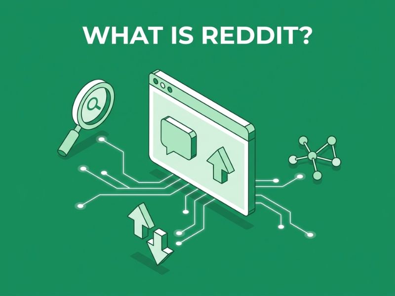 What is Reddit hero illustration showing a browser window with community and search icons on a dark green background