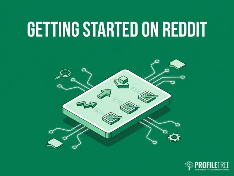 What is Reddit business presence illustration showing a checklist card and growth arrow icon