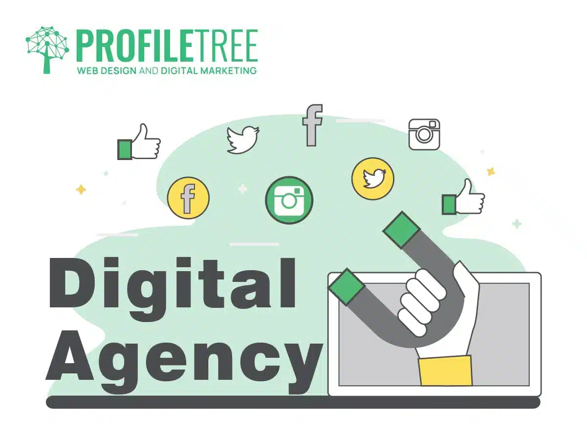 Illustration with ProfileTree logo, icons for Facebook, Twitter, Instagram, and thumbs-up surrounding Digital Agency text, plus a magnet pulling social media icons from a laptop—showcasing our expert digital agency services.