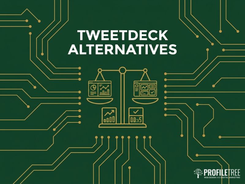Balanced scales comparing TweetDeck with alternative social media tools, gold vector on dark green.