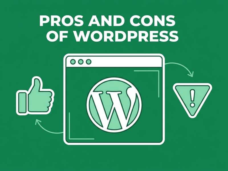 Pros and Cons of WordPress vector illustration showing a website browser icon balanced between a thumbs-up and a warning icon on a green background