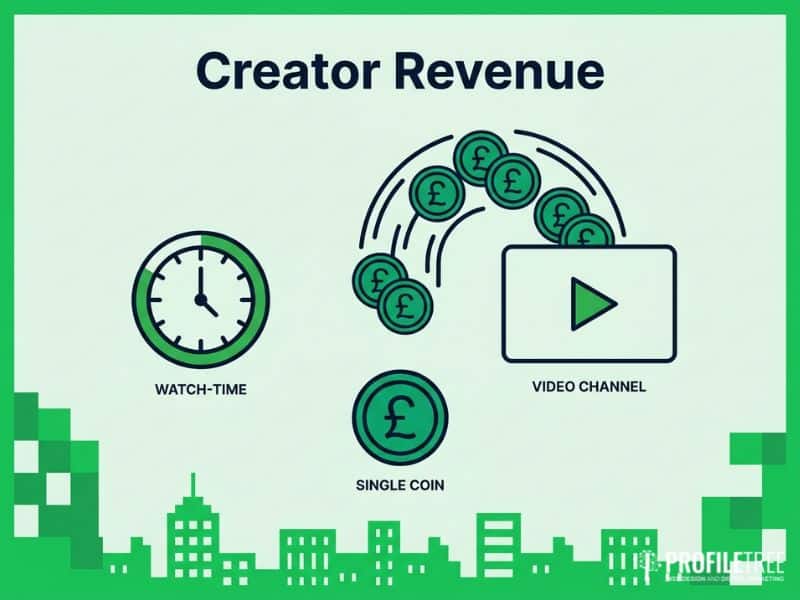 YouTube Premium creator revenue graphic showing watch time and pound coins in vector style.