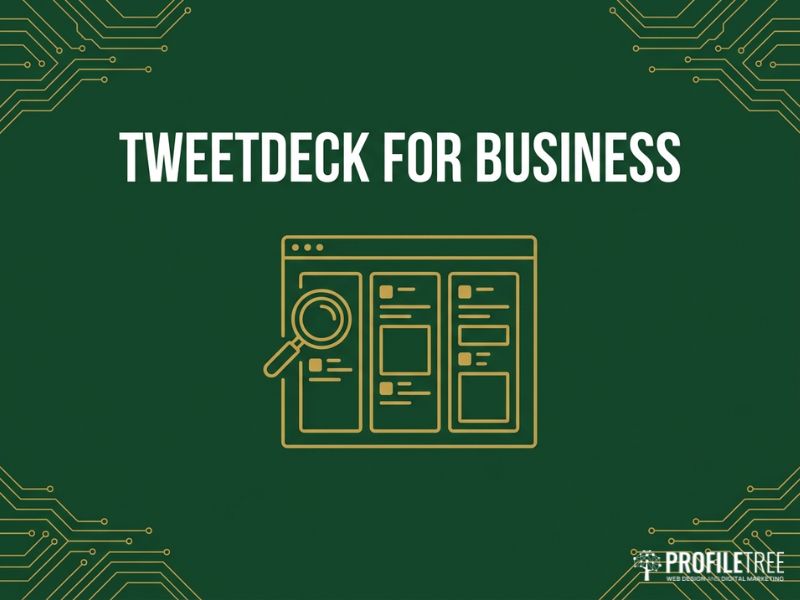 Vector illustration of a TweetDeck multi-column dashboard on a dark green background with gold circuit accents.