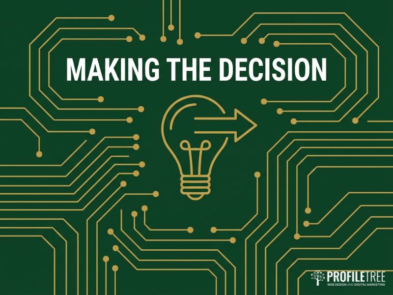 Gold lightbulb and forward arrow on dark green for deciding whether your company should use TweetDeck.