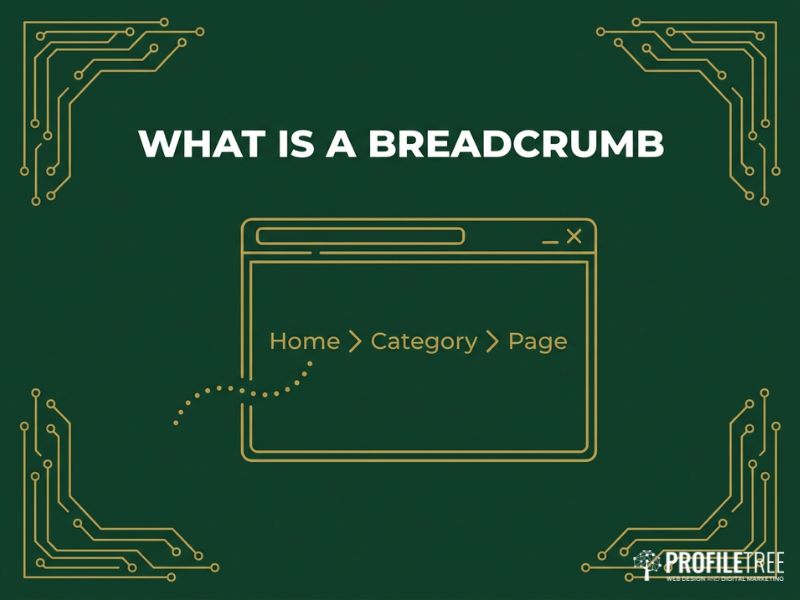 What Is A Breadcrumb hero image: gold vector breadcrumb trail inside a browser window on a dark green background.
