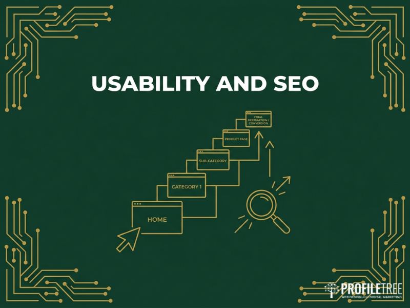 What Is A Breadcrumb for usability and SEO: gold vector user path rising through a site hierarchy beside a magnifier.